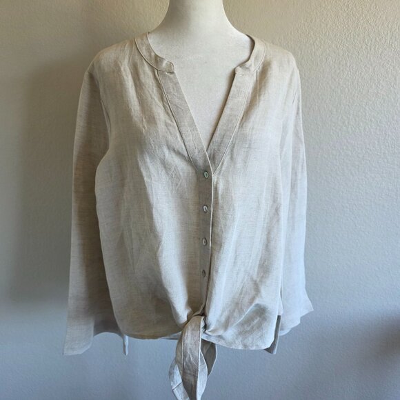 Boston Proper Tie Hem Long Flare Sleeve Linen Blend Button Shirt Top Size M - Picture 1 of 8